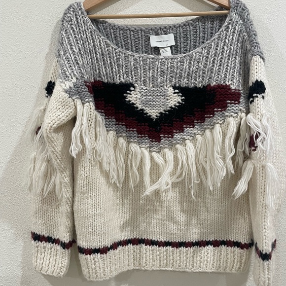 Current/Elliott Women's Rosemary Wool Alpaca Fringe Sweater Grey Cream - Picture 5 of 13